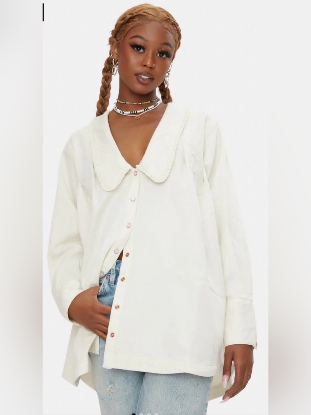 Free People Charlie White Denim Shirt Dress Tunic, Peter Pan Collar, Snap Front.